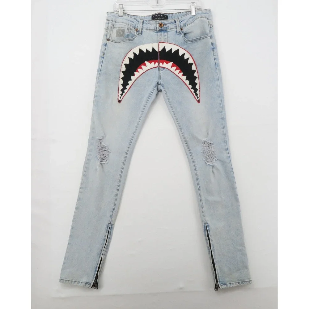 Eternity BC/AD Mens Shark Mouth Patch Distressed Skinny Jeans Light Wash Size 34